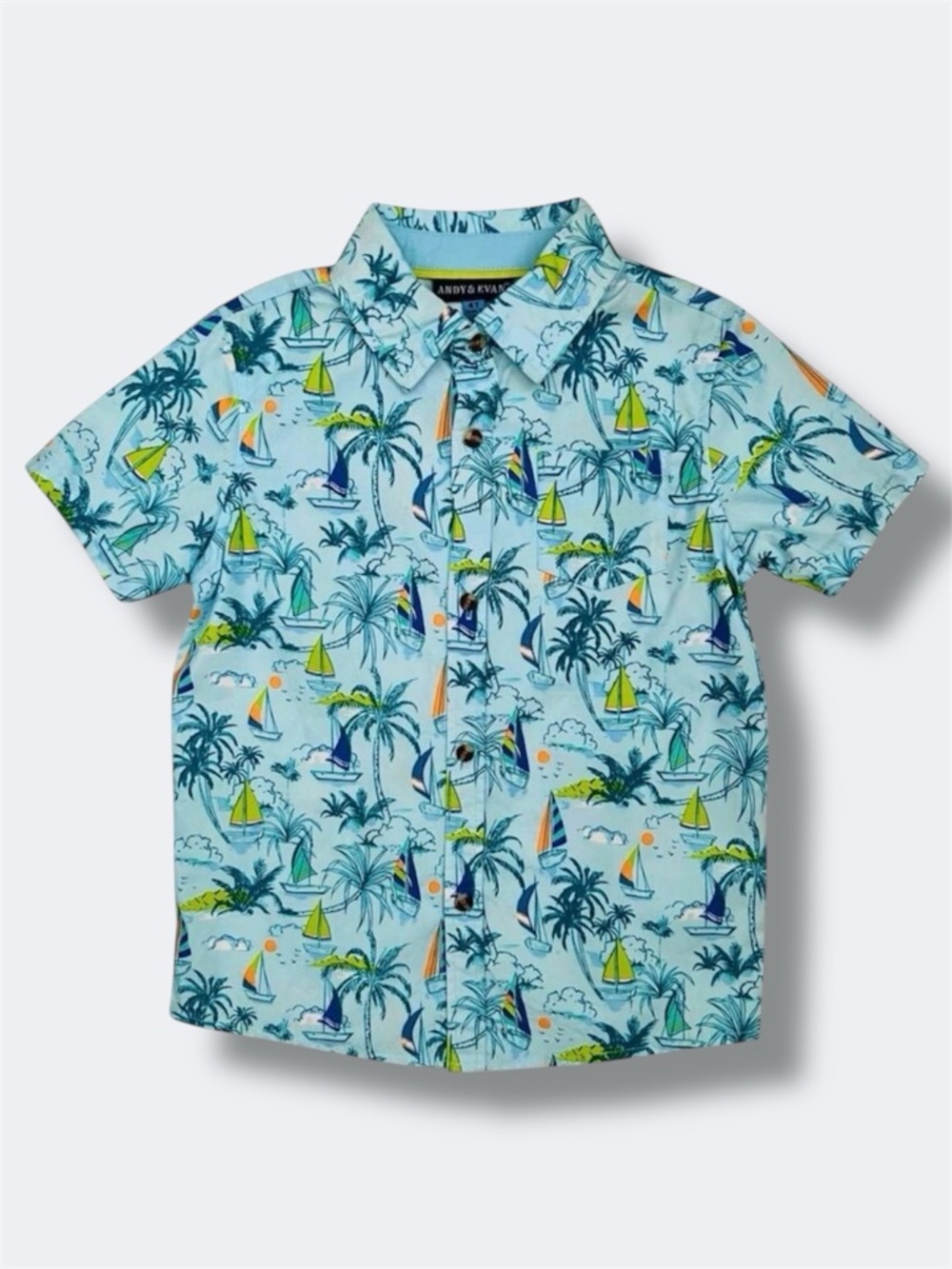 Andy & Evan Boys 4T Hawaiian Shirt Blue Sailboat Palm Tree Vacation